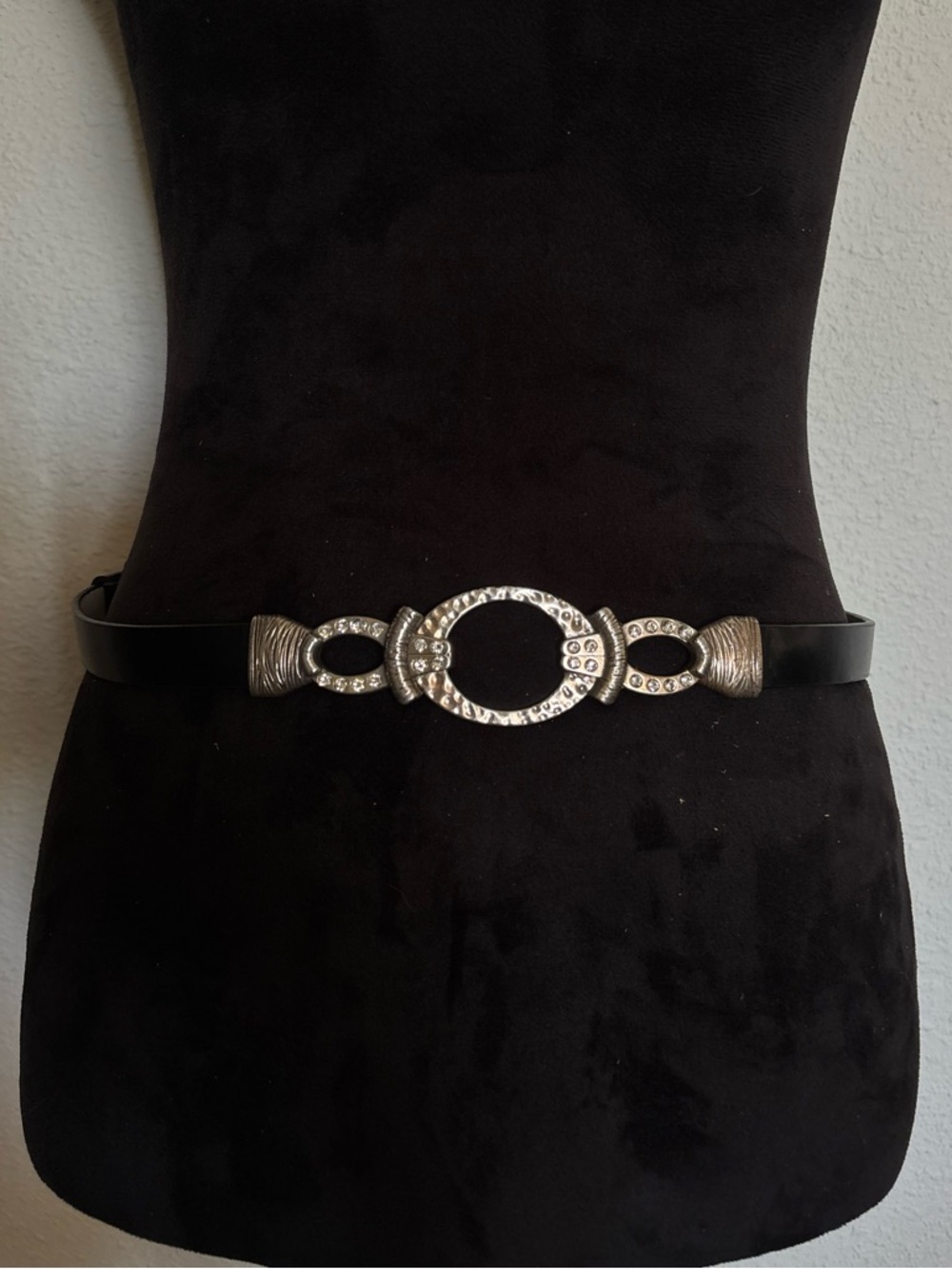 Chicos Black Leather belt with Silver Rhinestone Oval Buckle